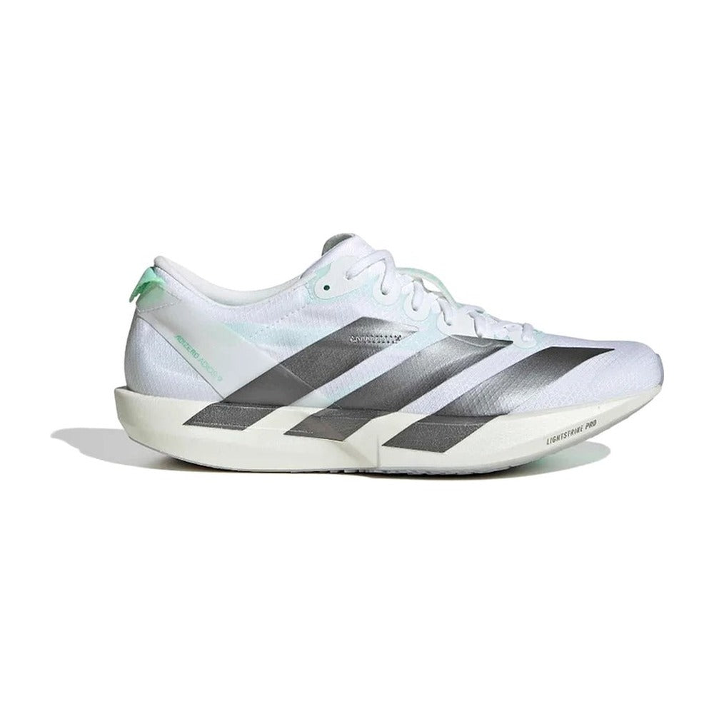 Zapatilla de running Adidas Adizero Adios 9 blanco, plata y verde menta, vista lateral exterior