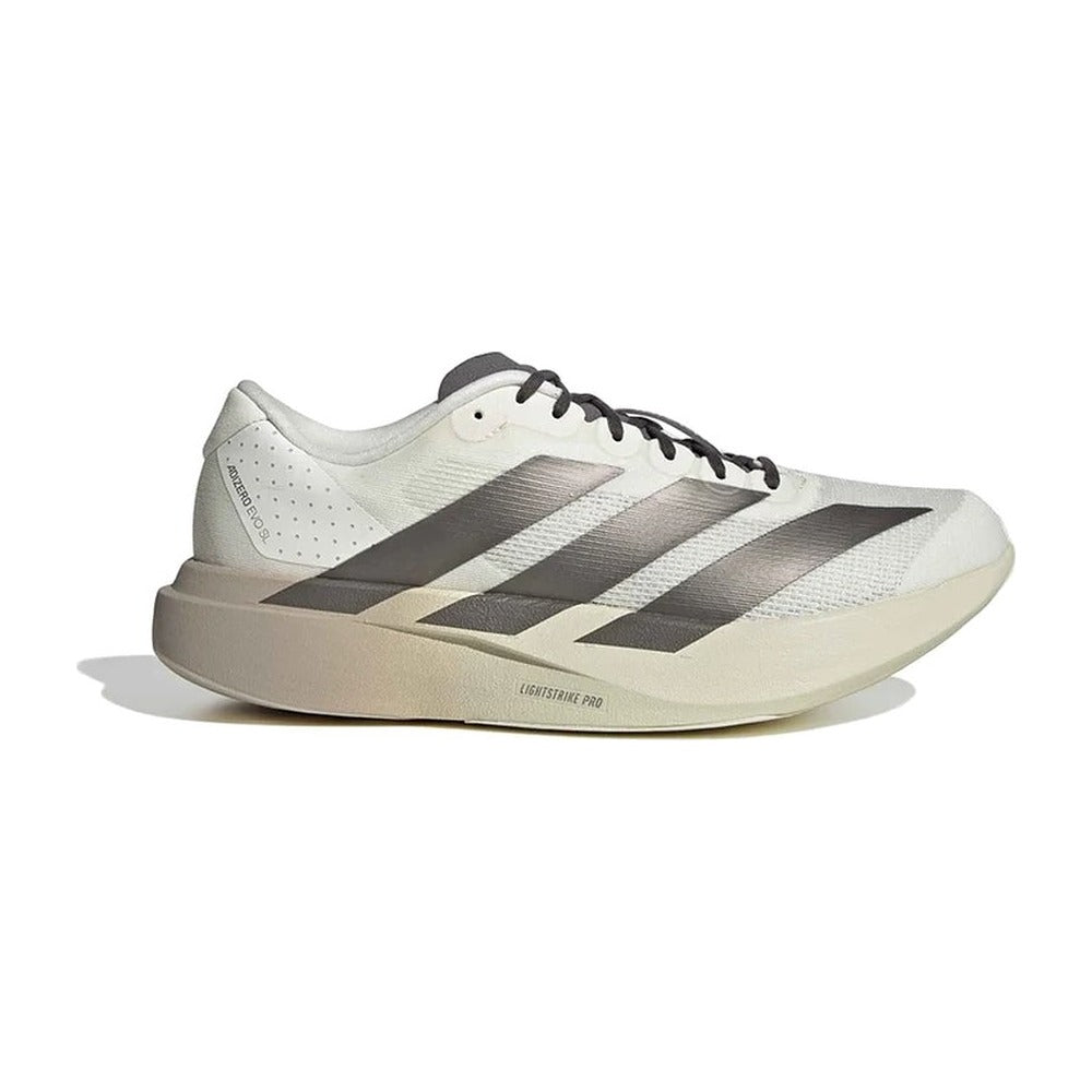 Zapatilla de running Adidas Adizero Evo SL Woven blanco, marrón y plata, vista lateral exterior