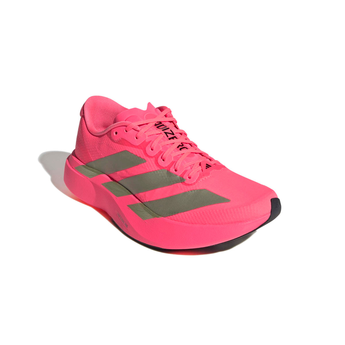 Zapatilla de running Adidas Adizero EVO SL Woven mujer coral flúor y dorado, vista frontal en ángulo