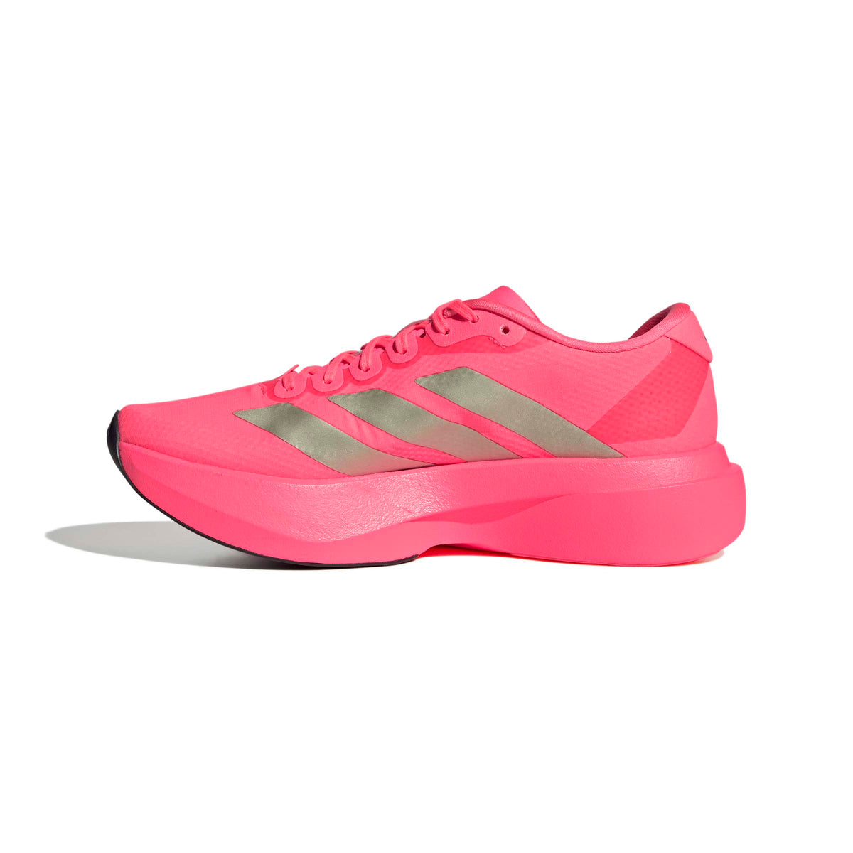 Zapatilla de running Adidas Adizero EVO SL Woven mujer coral flúor y dorado, vista lateral interior con las tres bandas doradas