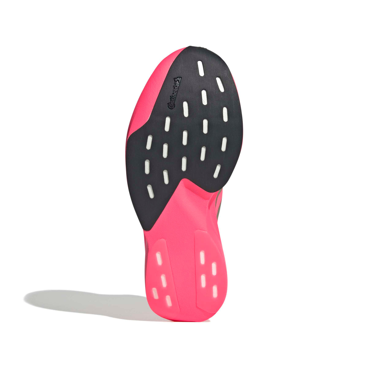 Suela de la zapatilla de running Adidas Adizero EVO SL Woven mujer coral flúor y dorado, vista inferior con el dibujo de la suela