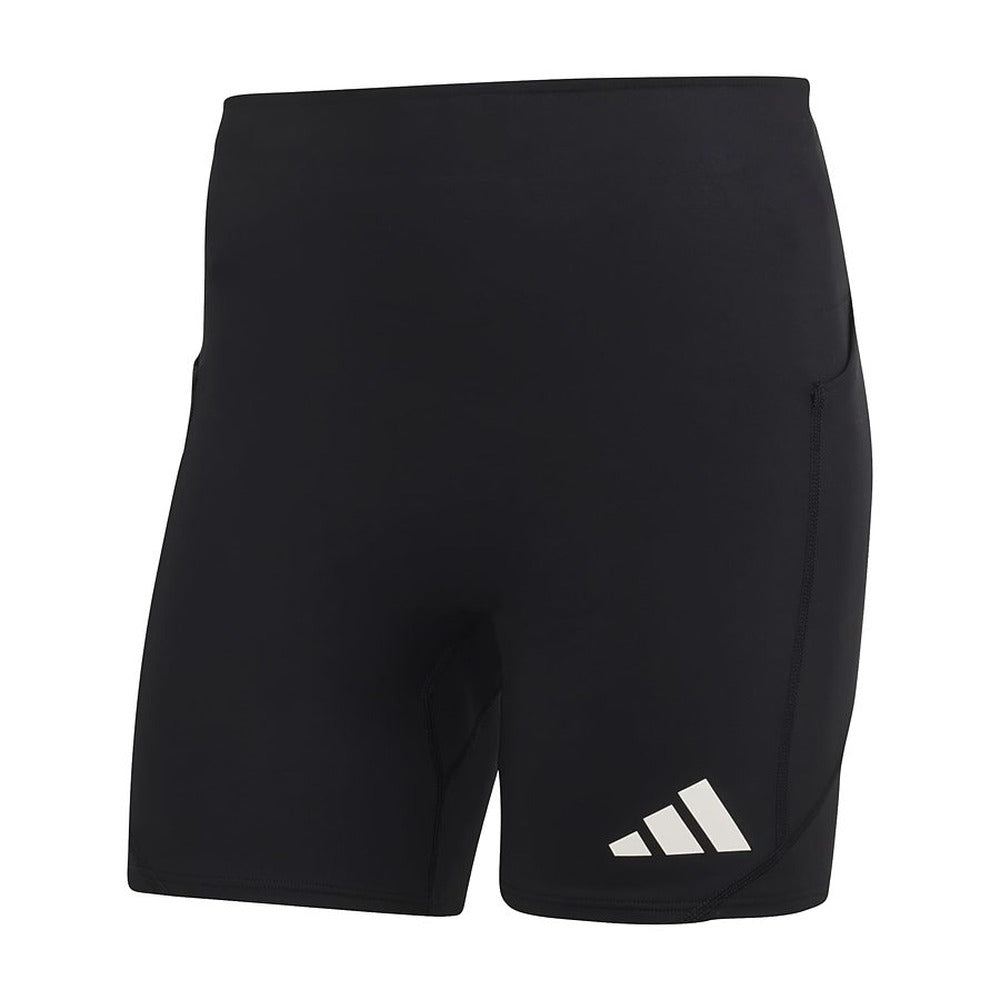 Mallas cortas con bolsillo Adidas Adizero Running negras para hombre, vista frontal con logo Adidas
