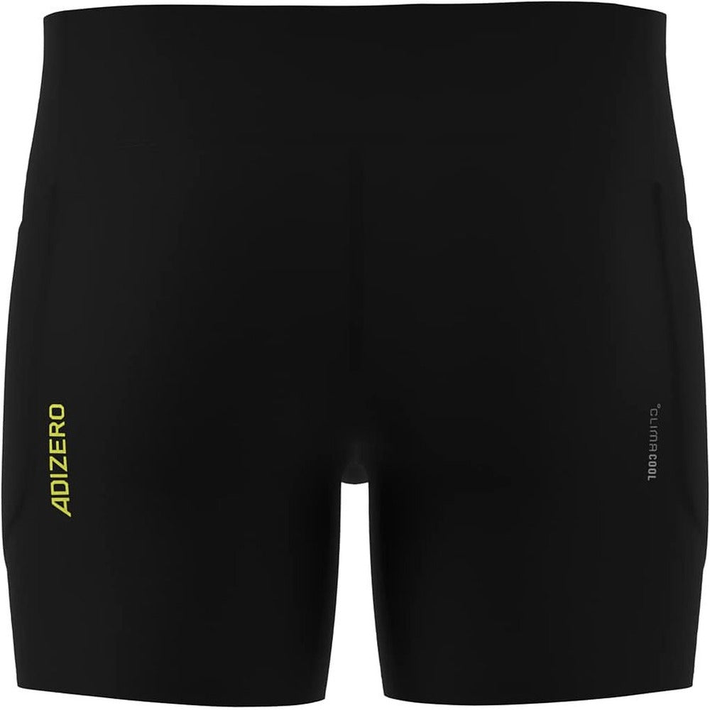 Mallas cortas Adidas Adizero Running negras, vista trasera con logo ADIZERO y etiqueta Climacool