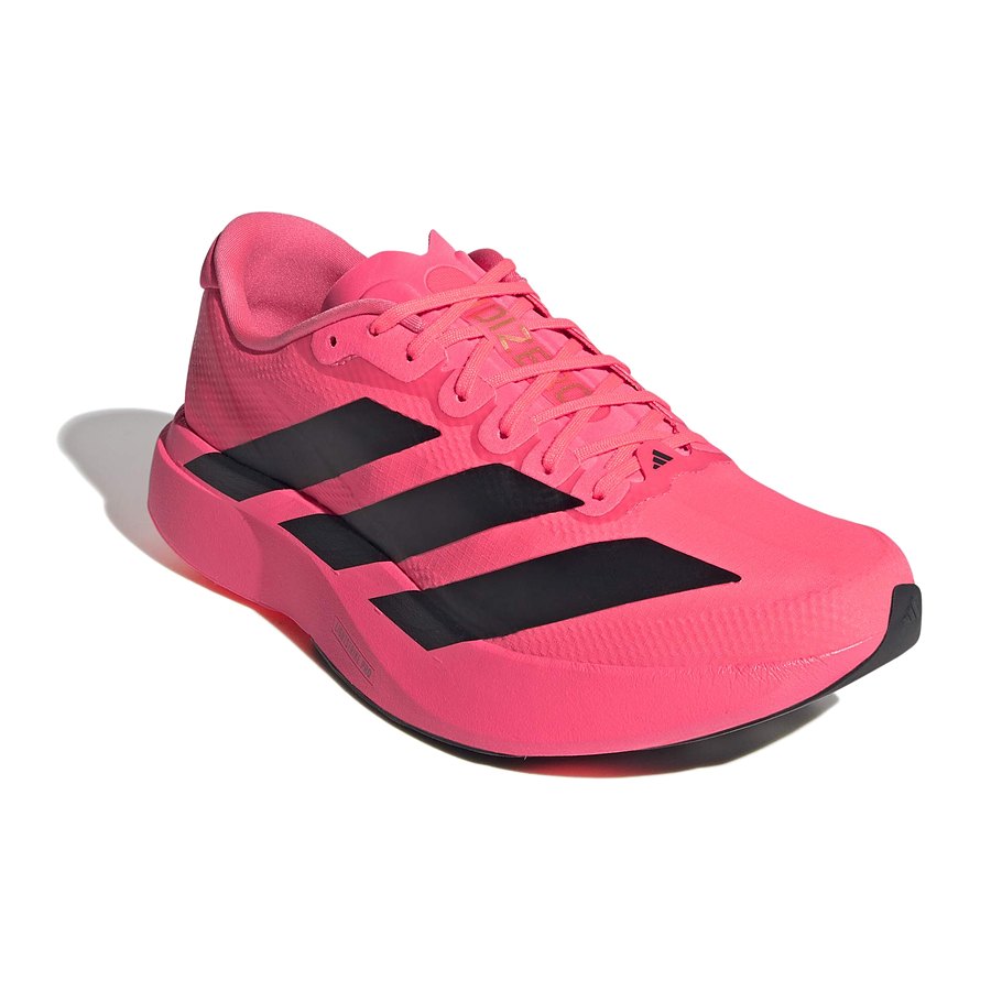 Vista tres cuartos de las zapatillas Adidas Adizero Evo SL Woven Coral Negro con tres bandas negras