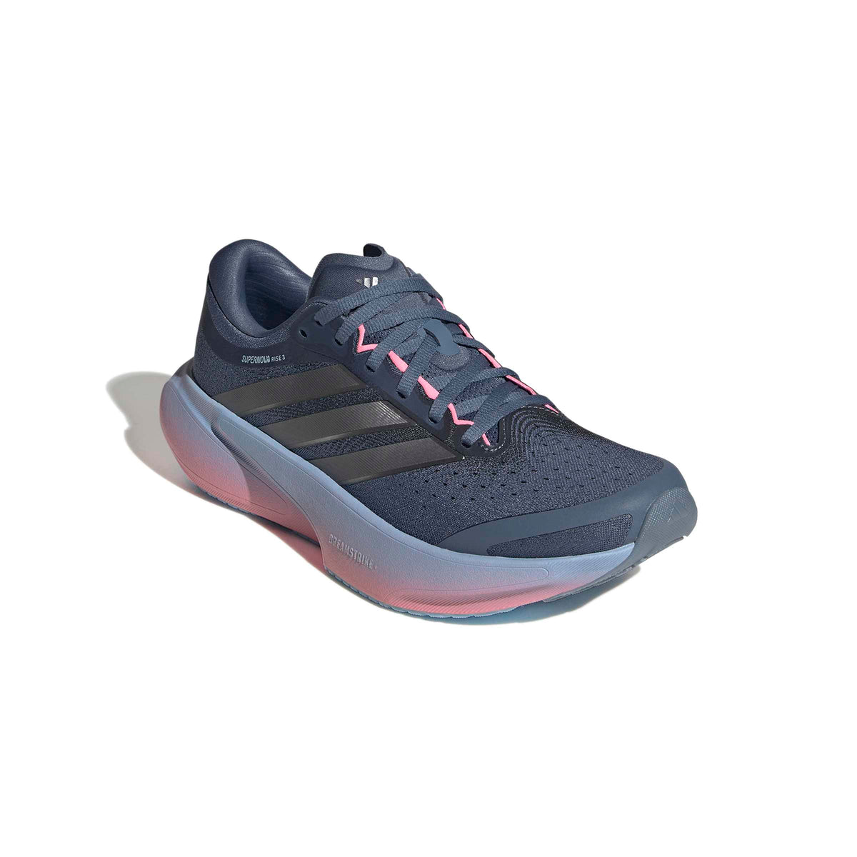 Zapatilla de running Adidas Supernova Rise 3 mujer azul y gris con mediasuela rosa, vista frontal en ángulo