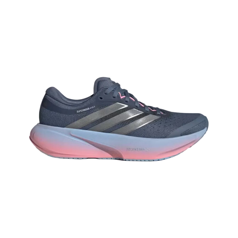 Zapatilla de running Adidas Supernova Rise 3 mujer azul y gris con mediasuela rosa, vista lateral exterior