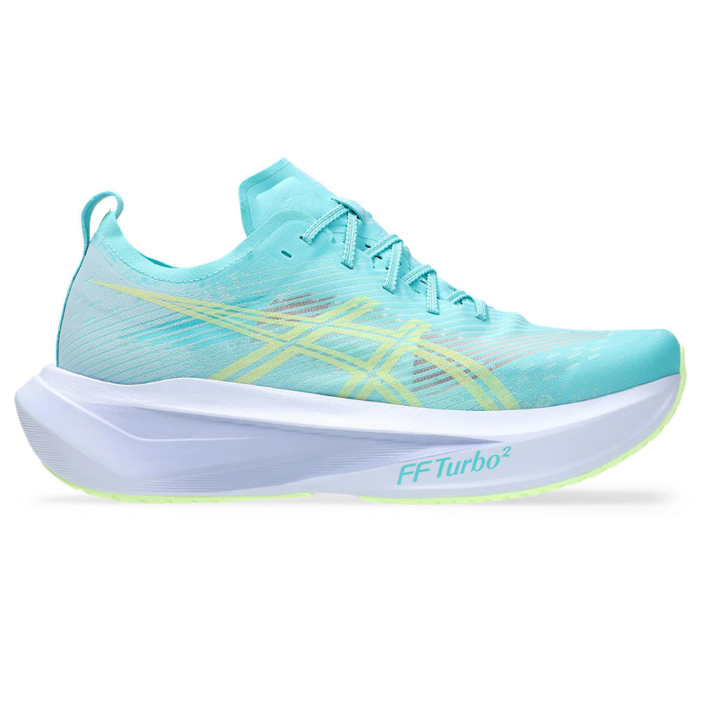 Zapatilla de running Asics Megablast turquesa lila, vista lateral exterior con mediasuela FF Turbo