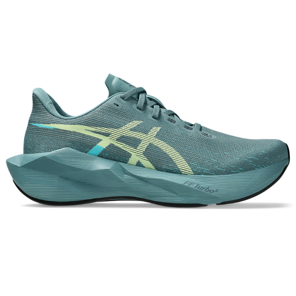 Zapatilla de running Asics Novablast 6 verde y lima, vista lateral exterior