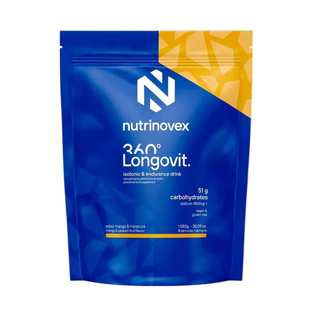 Bote de 1080 g de bebida energética Nutrinovex Longovit 360 sabor Mango Maracuyá, vista frontal