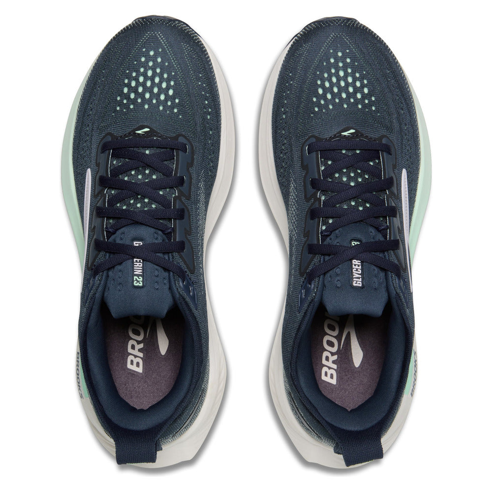 Par de zapatillas Brooks Glycerin 23 Mujer azul marino y menta visto desde arriba, detalle del empeine y la lengüeta