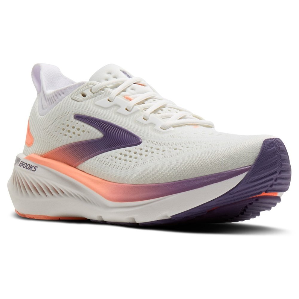 Zapatilla de running Brooks Glycerin GTS 23 de mujer blanco y lila, vista en tres cuartos delantera