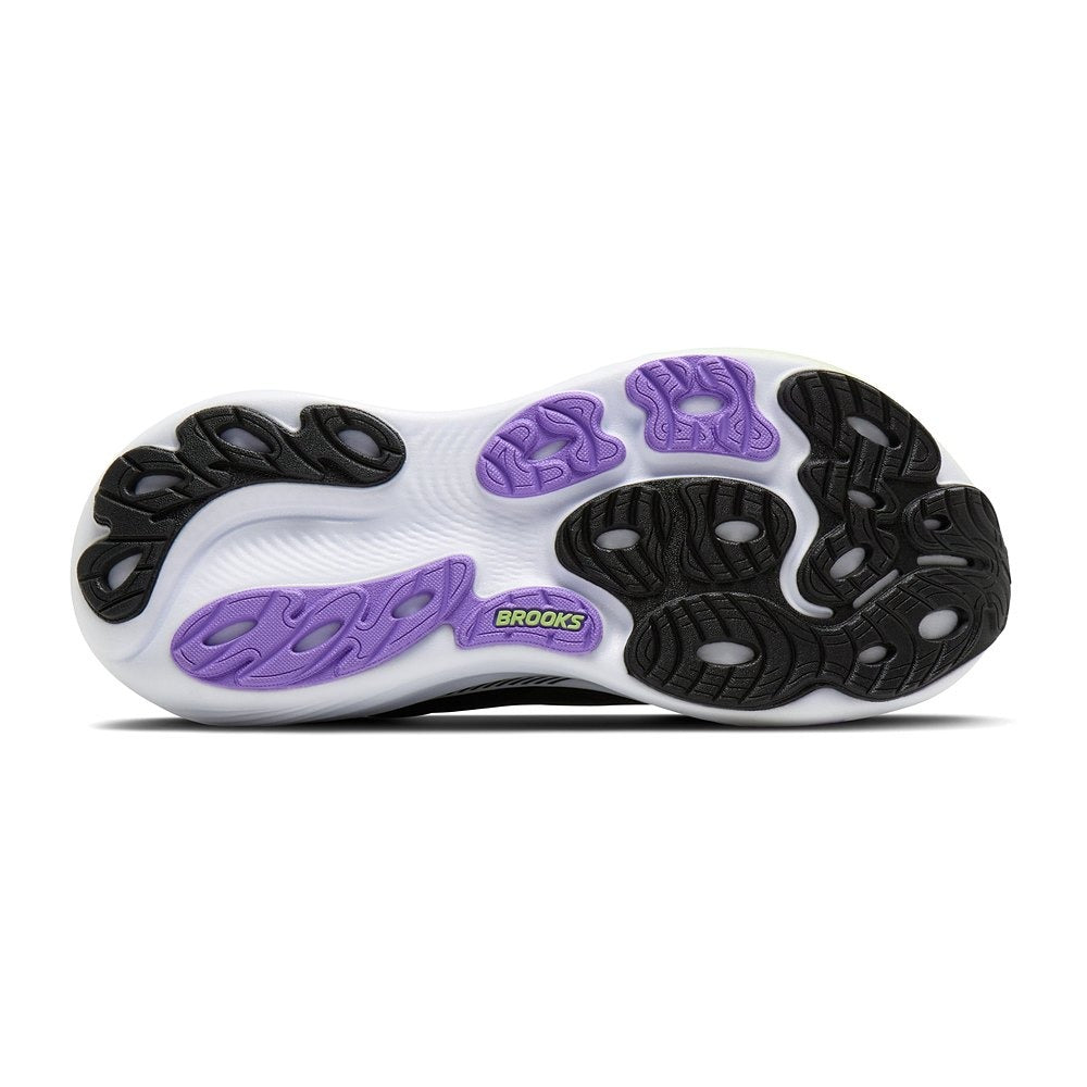 Suela de caucho de la zapatilla Brooks Adrenaline GTS 25 negra y lila, vista inferior con el dibujo de los tacos