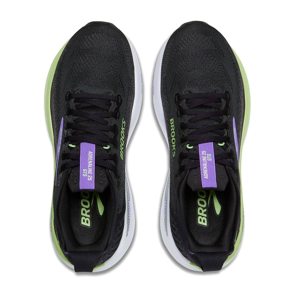 Par de zapatillas Brooks Adrenaline GTS 25 negras y lilas visto desde arriba, detalle del empeine, los cordones y la lengüeta