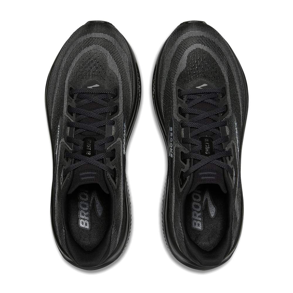 Par de zapatillas Brooks Ghost 18 negras de hombre visto desde arriba, detalle del empeine, los cordones y la lengüeta