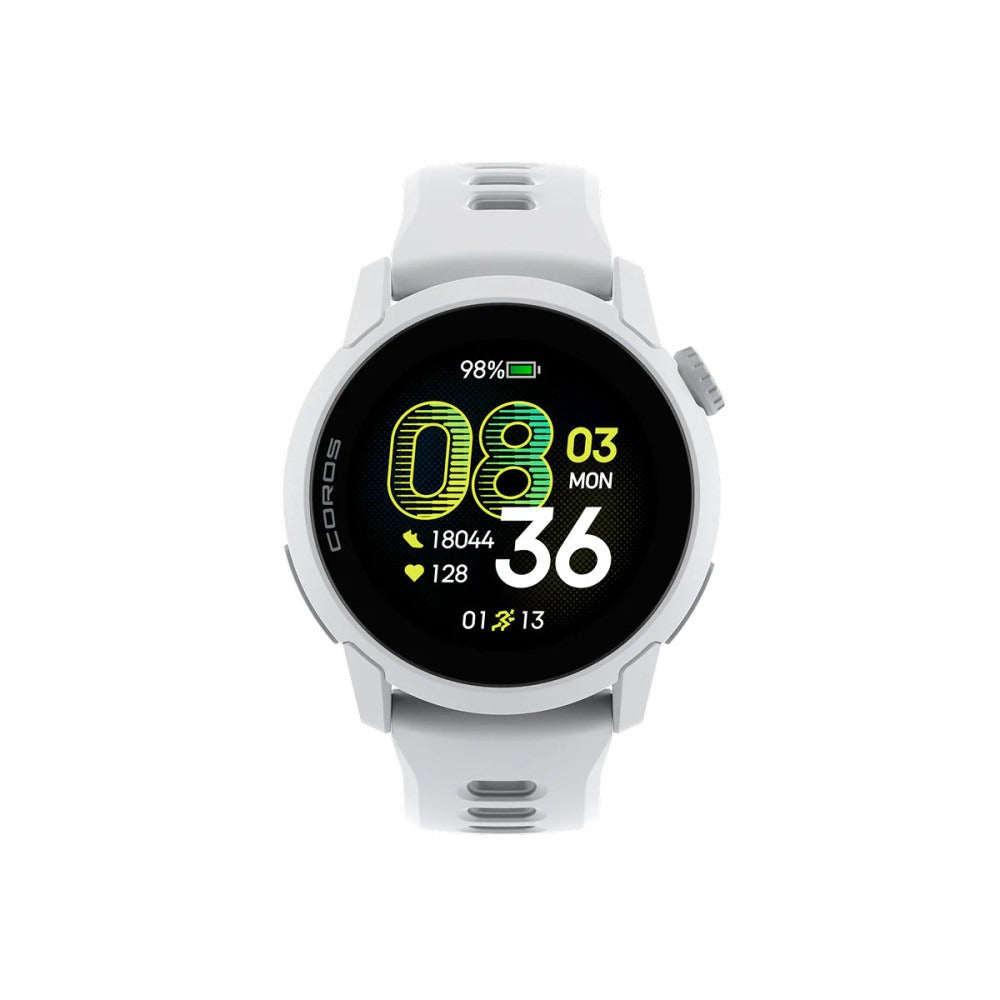 Reloj GPS Coros Pace 4 Blanco con correa de silicona blanca, vista frontal de la pantalla AMOLED