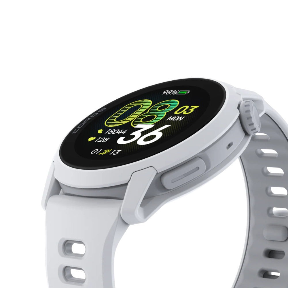 Reloj GPS Coros Pace 4 Blanco visto en angulo, pantalla AMOLED de 1,2 pulgadas con esfera deportiva y correa de silicona