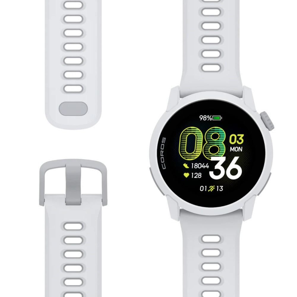Reloj GPS Coros Pace 4 Blanco con la correa de silicona blanca desmontada, vista frontal