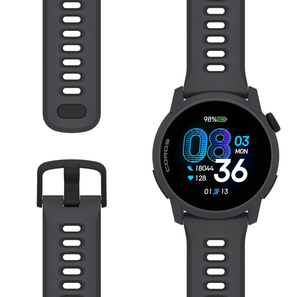 Reloj GPS Coros Pace 4 Negro con la correa de silicona negra desmontada, vista frontal