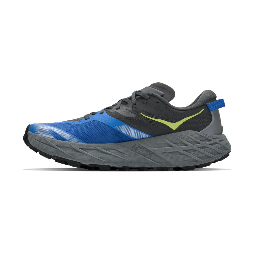 Zapatilla de trail running Hoka Speedgoat 7 azul y gris, perfil lateral con logo Hoka destacado
