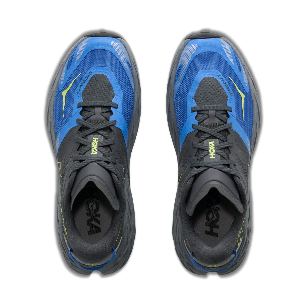 Par de zapatillas Hoka Speedgoat 7 azul y gris visto desde arriba, detalle del empeine