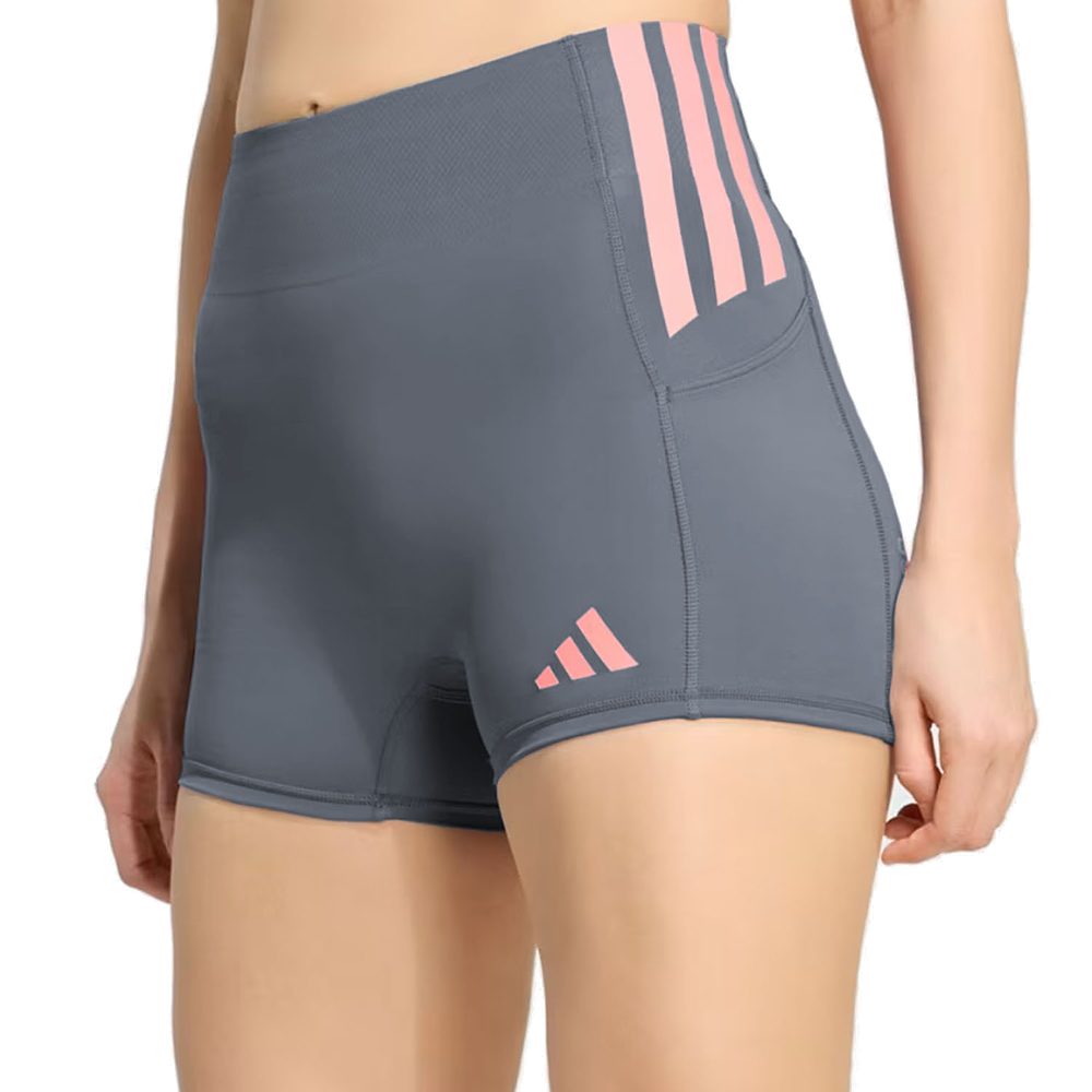 Mallas cortas Adidas Adizero 4 pulgadas de mujer gris con rayas rosas, vista lateral