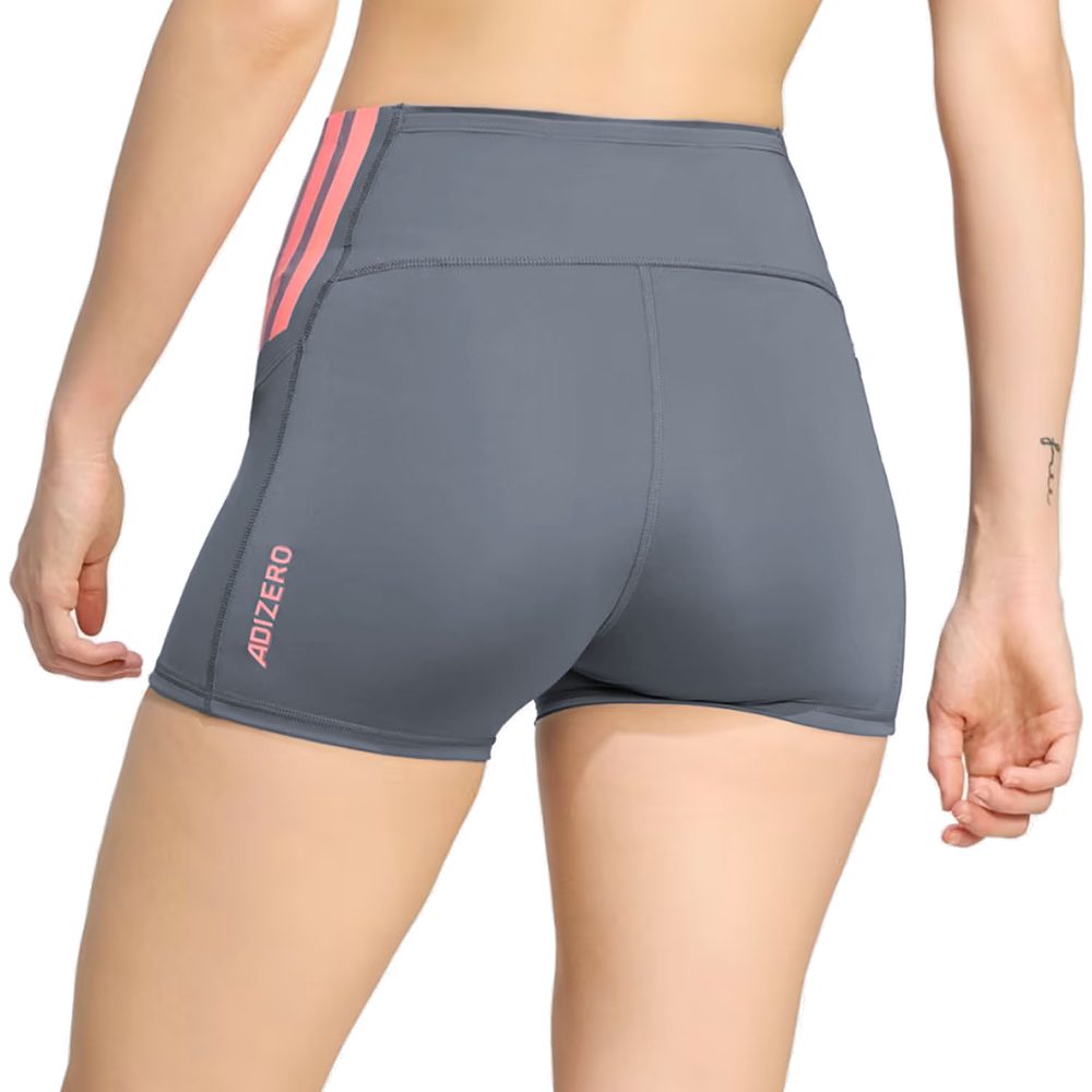 Mallas cortas Adidas Adizero 4 pulgadas de mujer gris con rayas rosas, vista trasera
