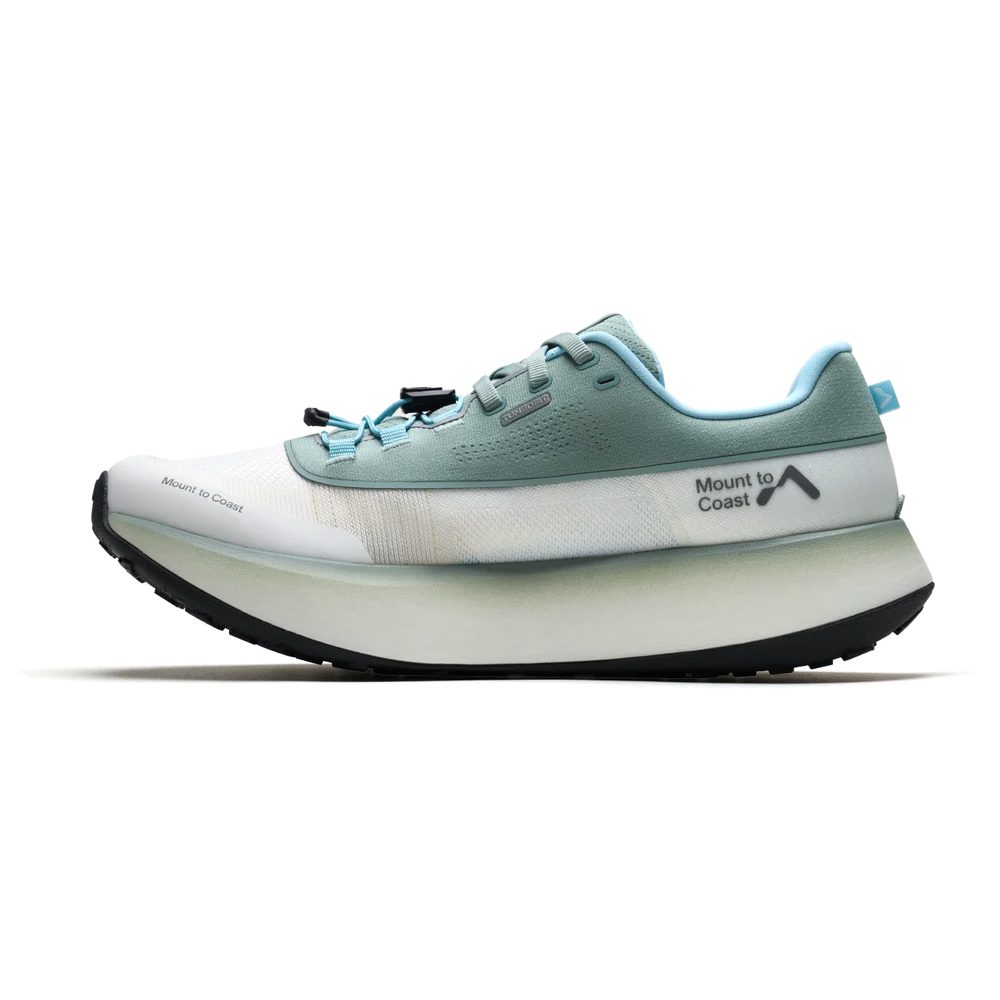 Zapatilla de trail running Mount to Coast H1 verde y azul, vista lateral interior con la mediasuela CircleCELL