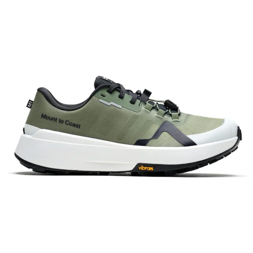 Zapatilla de trail running Mount to Coast M1 verde oliva, vista lateral exterior