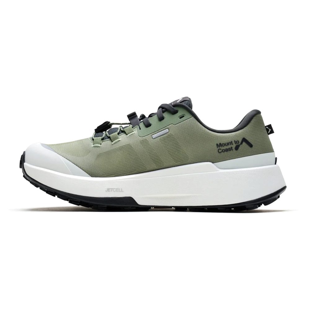 Zapatilla de trail running Mount to Coast M1 verde oliva, vista lateral interior
