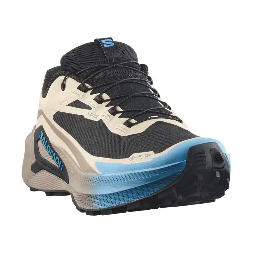 Zapatilla Salomon Genesis 2 GTX beige, negro y azul, vista tres cuartos delantera