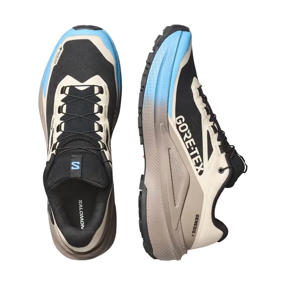 Par de zapatillas Salomon Genesis 2 GTX beige, negro y azul visto desde arriba, detalle del empeine y los cordones quickLACE