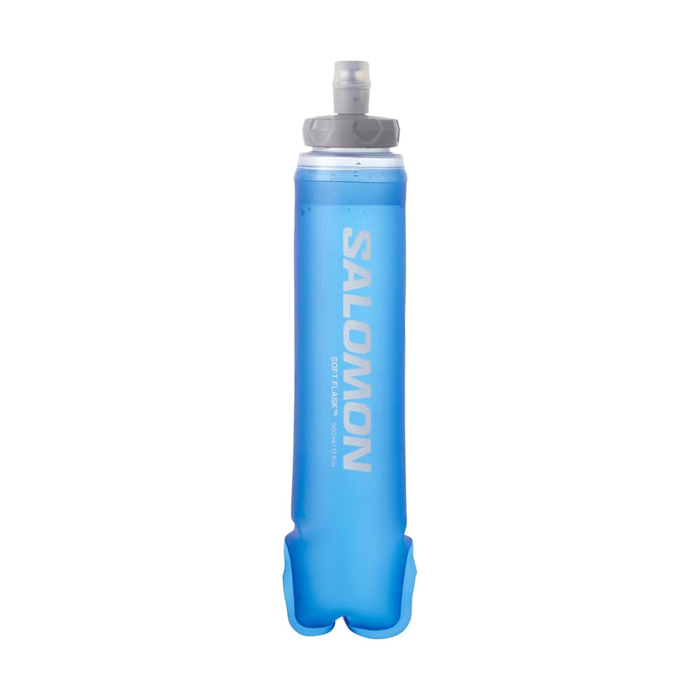 Soft flask Salomon 500 ml azul transparente con tapón de boca ancha de 42 mm y válvula, vista frontal