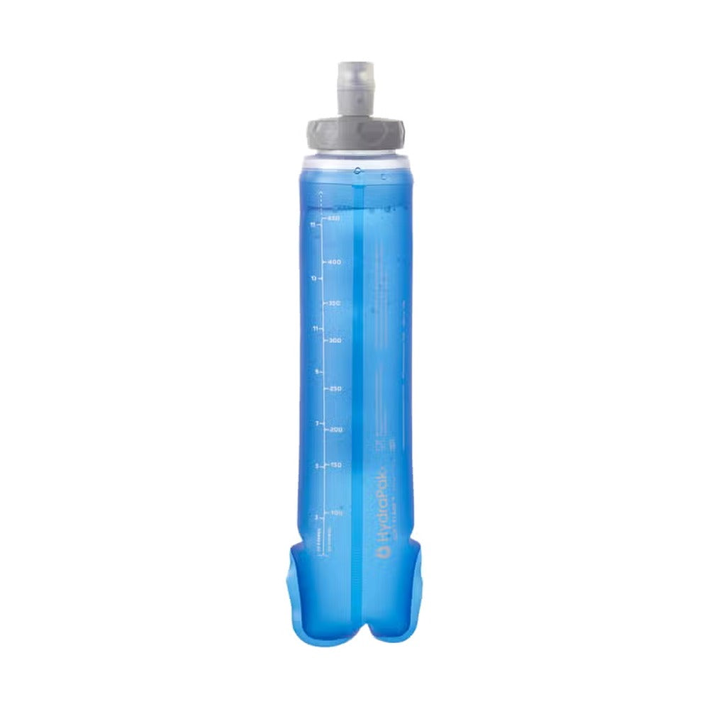 Soft flask Salomon 500 ml azul transparente, vista de detalle del cuerpo flexible de TPU y la base