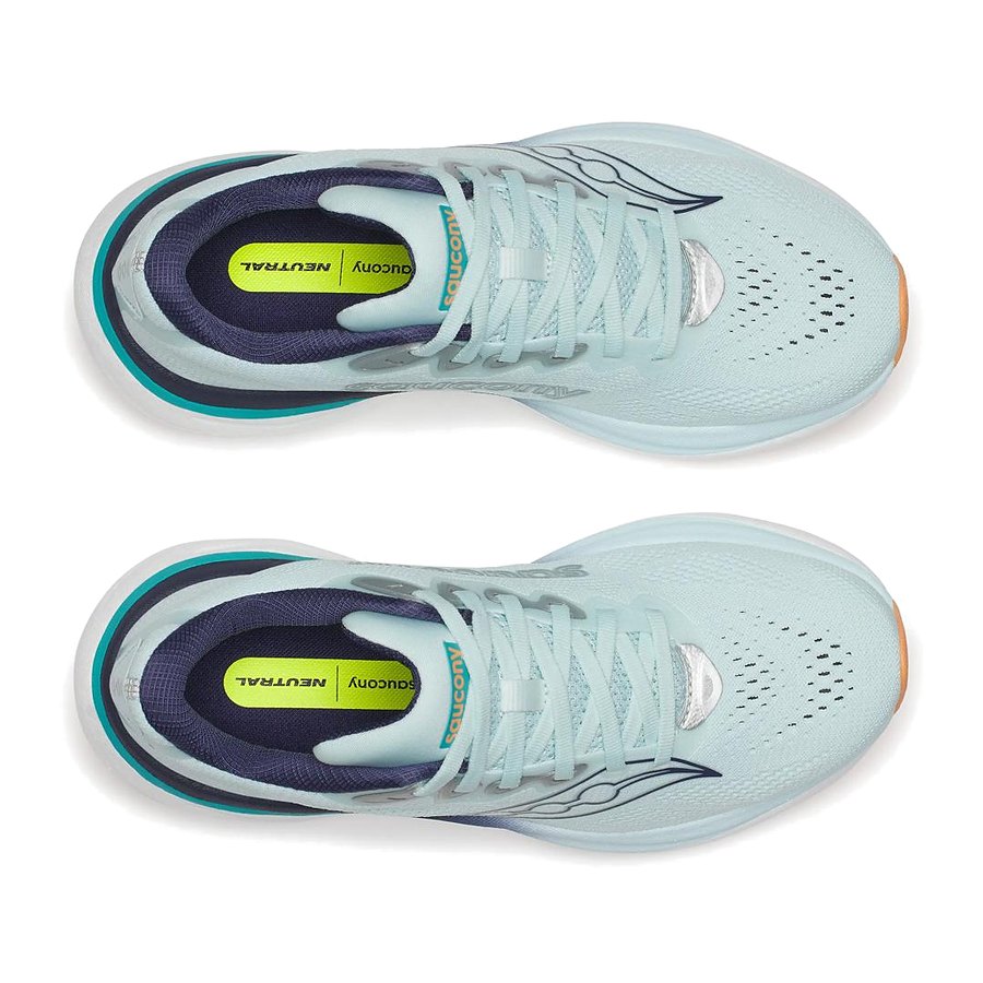 Vista superior de las zapatillas Saucony Ride 19 Mujer Blanco con upper de malla técnica