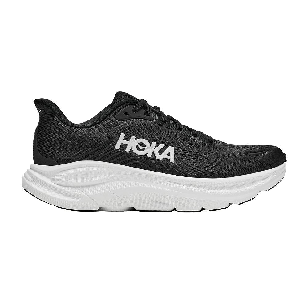 Zapatillas Hoka Clifton 11 Negro Blanco de hombre, vista lateral exterior con logo HOKA