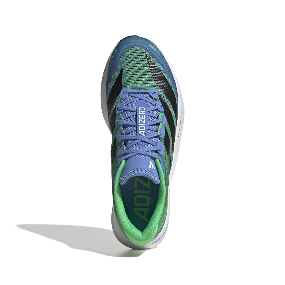 Zapatilla Adidas Adizero Boston 13 verde y azul vista desde arriba, detalle del empeine de malla y la lengüeta