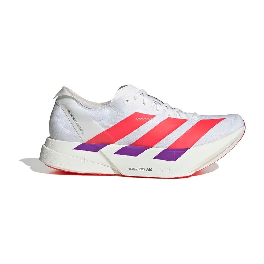 Zapatilla de running Adidas Adizero Adios Pro 4 blanco, rojo y morado, vista lateral exterior