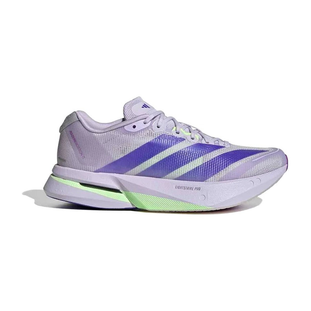Zapatilla de running Adidas Adizero Boston 13 mujer lila con detalles verde flúor, vista lateral exterior