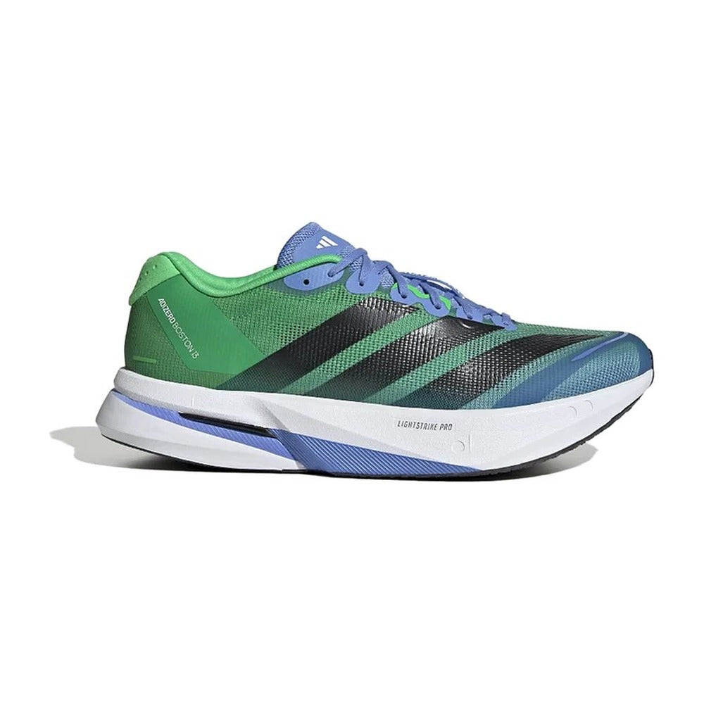 Zapatilla de running Adidas Adizero Boston 13 verde y azul, vista lateral exterior