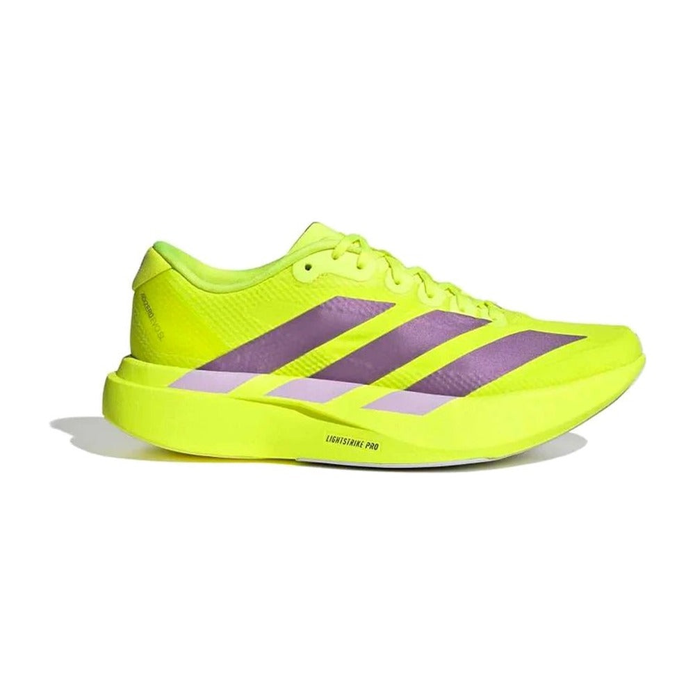 Zapatilla de running Adidas Adizero Evo SL Woven amarillo flúor y morado, vista lateral exterior