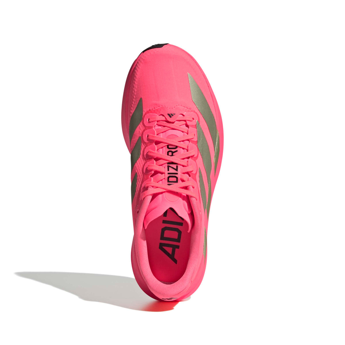 Zapatilla de running Adidas Adizero EVO SL Woven mujer coral flúor y dorado vista desde arriba, detalle del empeine y la lengüeta