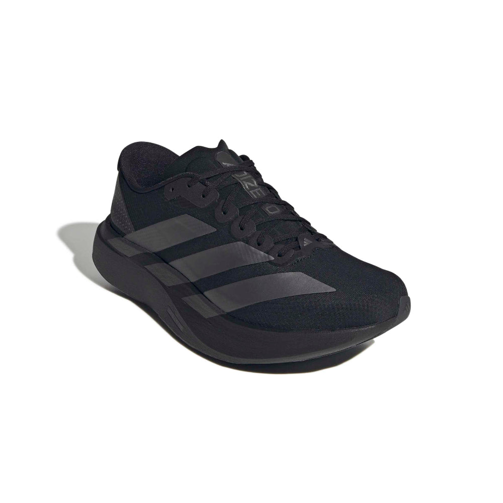 Zapatilla de running Adidas Adizero EVO SL Woven negro y gris, vista frontal en ángulo