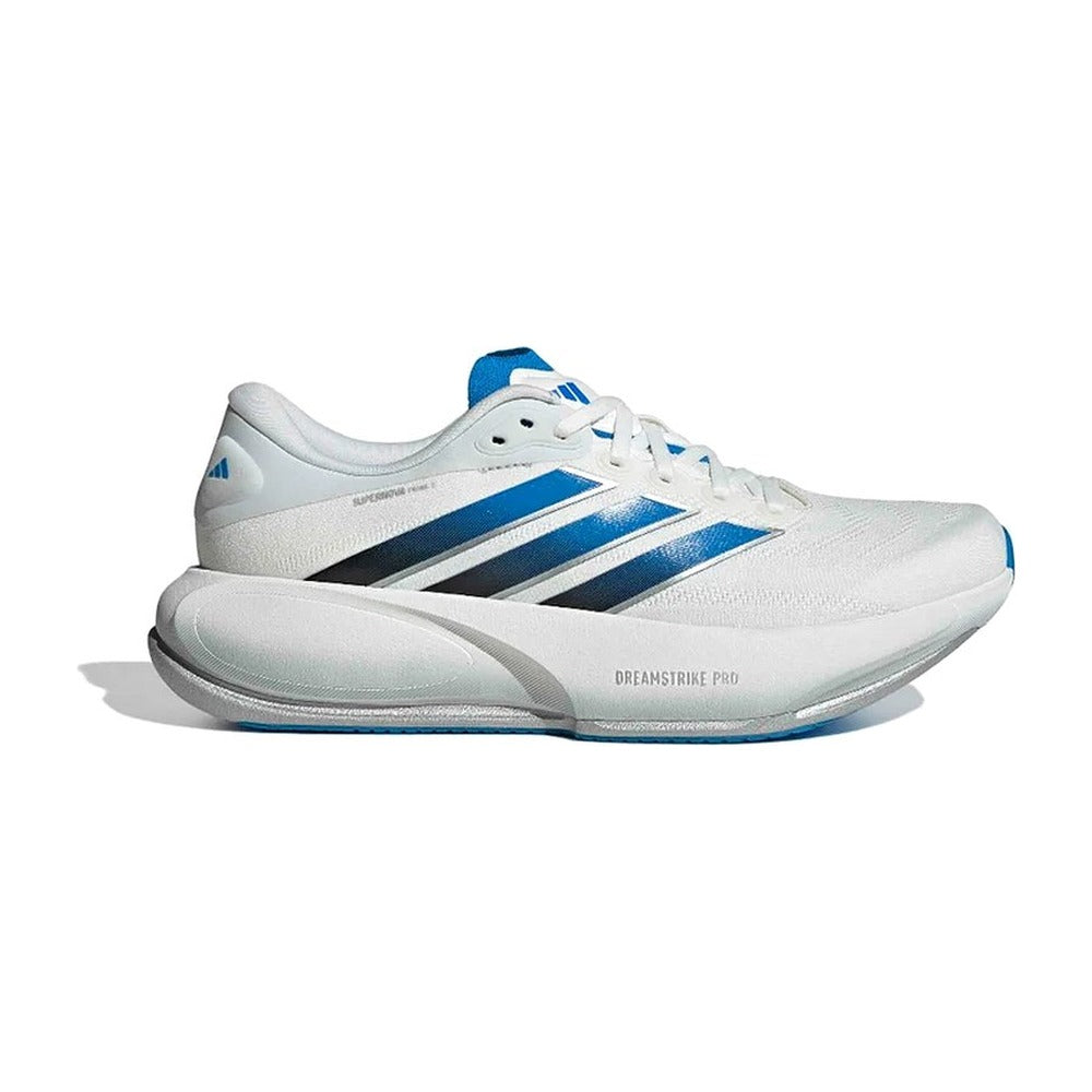 Zapatilla de running Adidas Supernova Prima 3 blanca con detalles azules, vista lateral exterior