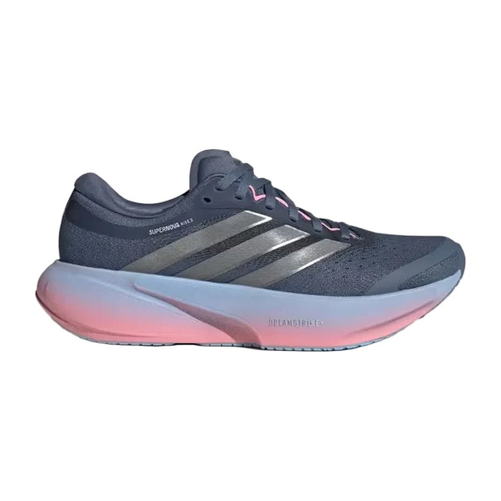 Zapatilla de running Adidas Supernova Rise 3 mujer azul y gris con mediasuela degradada rosa, vista lateral exterior