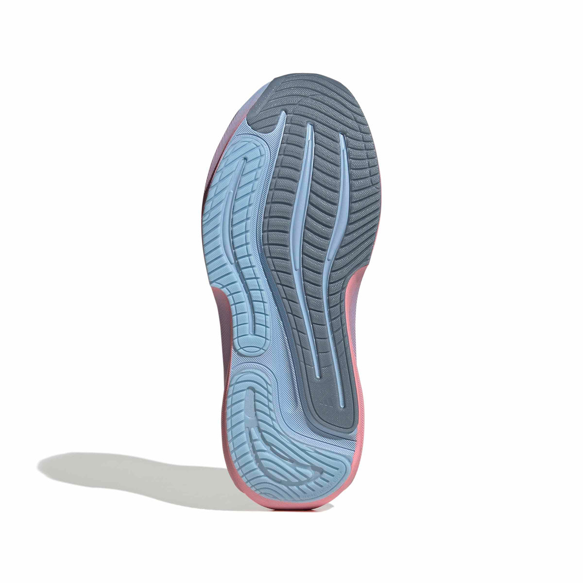 Suela de la zapatilla de running Adidas Supernova Rise 3 mujer azul y gris, vista inferior con el dibujo de la suela y el talón rosa