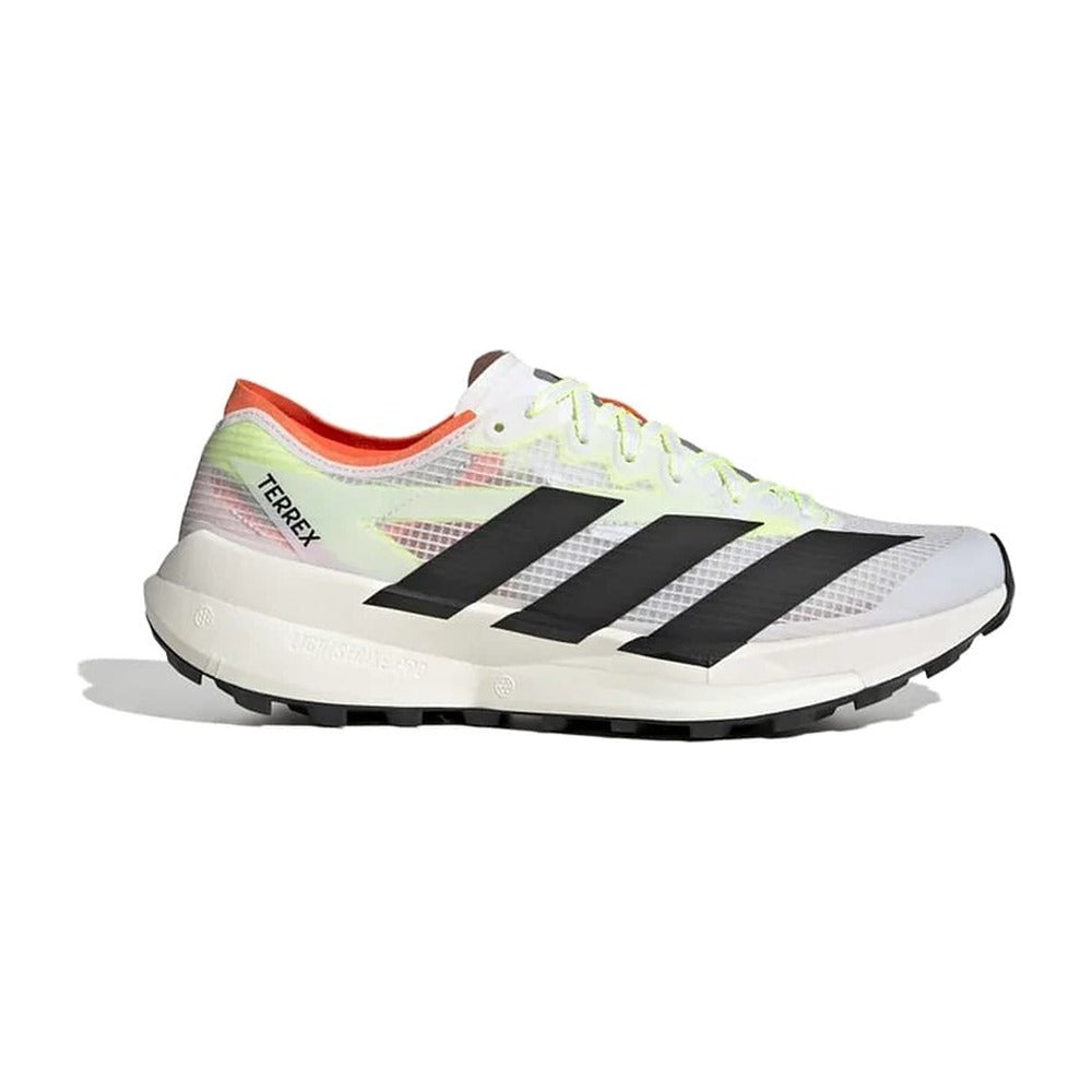 Zapatilla de trail running Adidas Terrex Agravic Speed 2 blanco, negro y naranja, vista lateral exterior