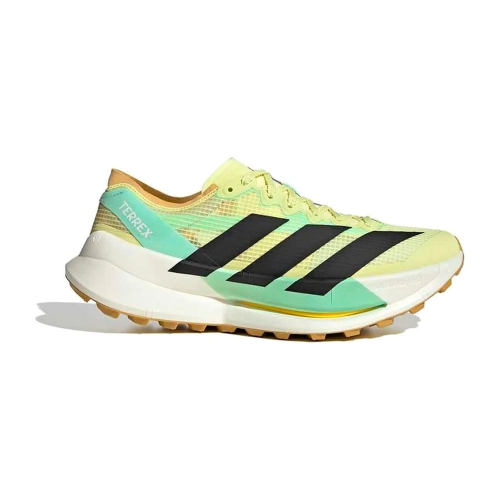 Zapatilla de trail running Adidas Terrex Agravic Speed Ultra 2 amarillo y verde menta, vista lateral exterior