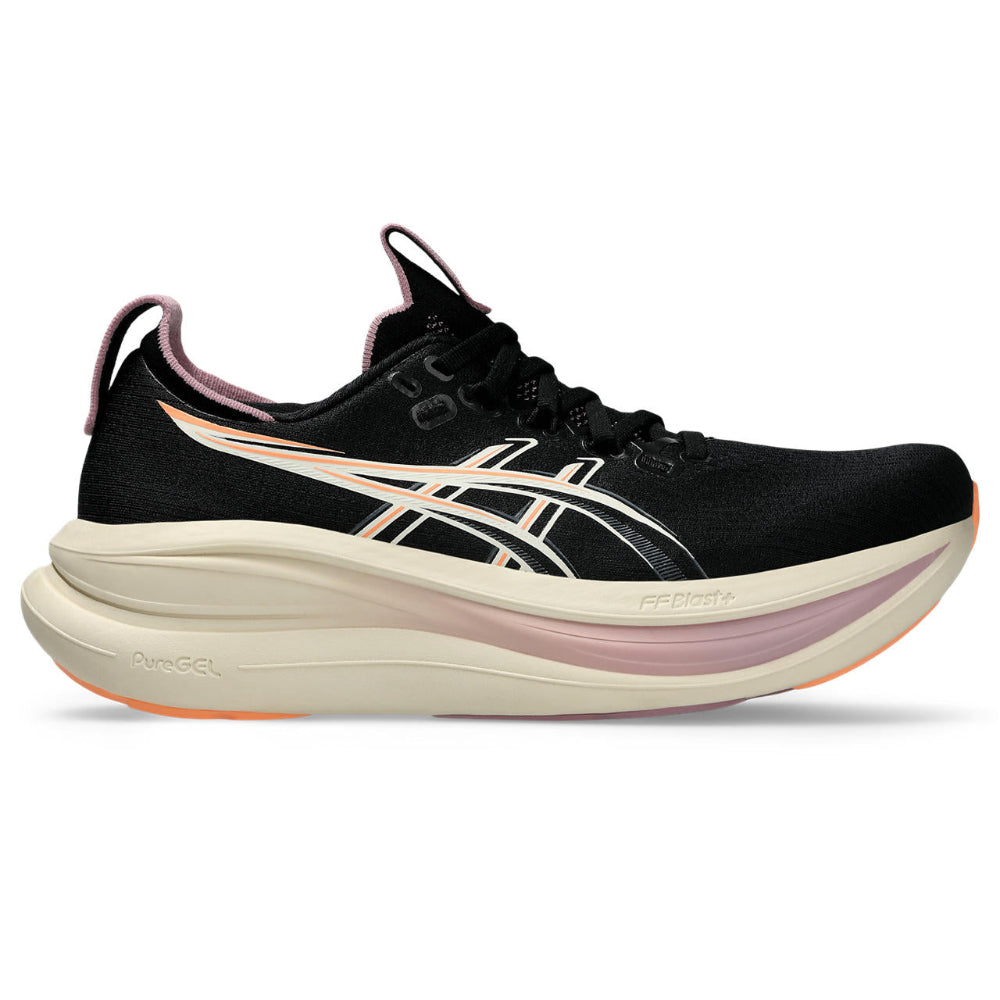 Zapatilla de running Asics Gel-Nimbus 28 mujer negra y beige, vista lateral exterior