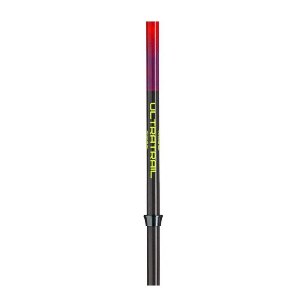 Detalle del vástago de fibra de carbono HRC Max del bastón Leki Ultratrail FX.One SL Rojo Morado Amarillo
