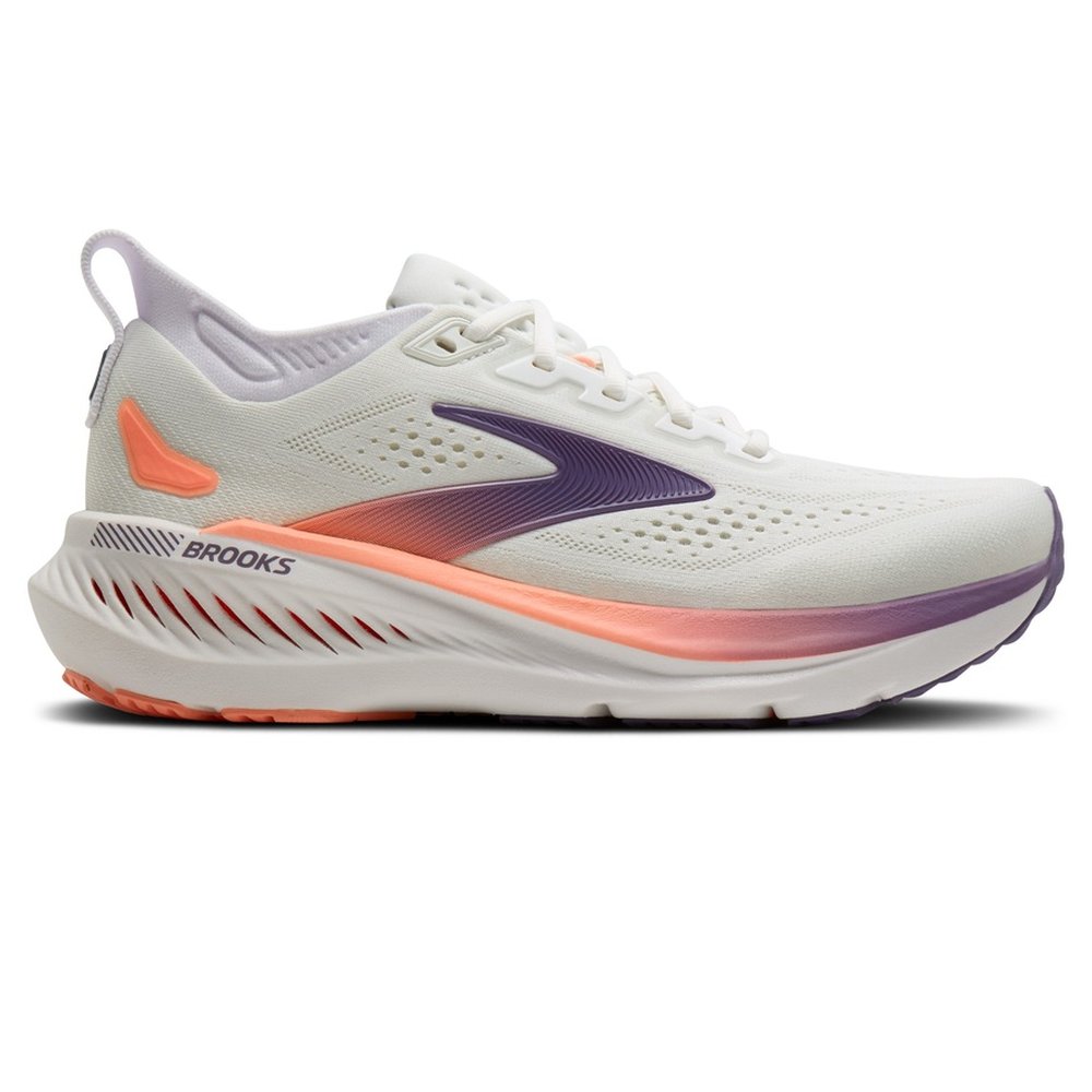 Zapatilla Brooks Glycerin GTS 23 de mujer blanco y lila, vista lateral exterior con logo Brooks